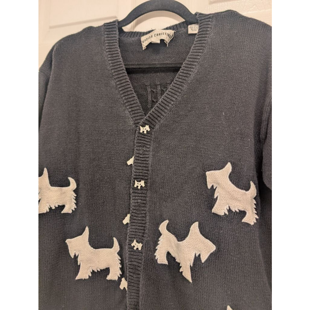Vintage Scottie Dog Cardigan Black Knit V-Neck Sweater White Terrier Intarsia L - Picture 4 of 7